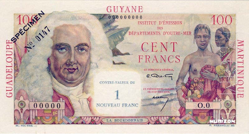 French Antilles, 1 NF/100 francs La Bourdonnais Type 1960, P.1s, KSP701-1, B101,...