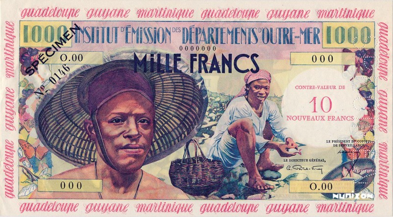 French Antilles, 10 NF/1000 francs Pêcheur Type 1955, P.2s, KSP702-1, B102, 0 00...