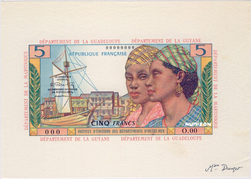 French Antilles, 5 francs Type 1964, P.7p, KSP707-3, B107, 0 000, 1964, Unique ?...