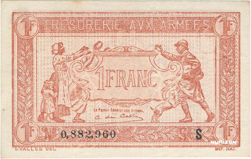 France, 1 franc Trésorerie aux armées Type 1919, P.M5a, VF.04.06, 0,882,960, 191...