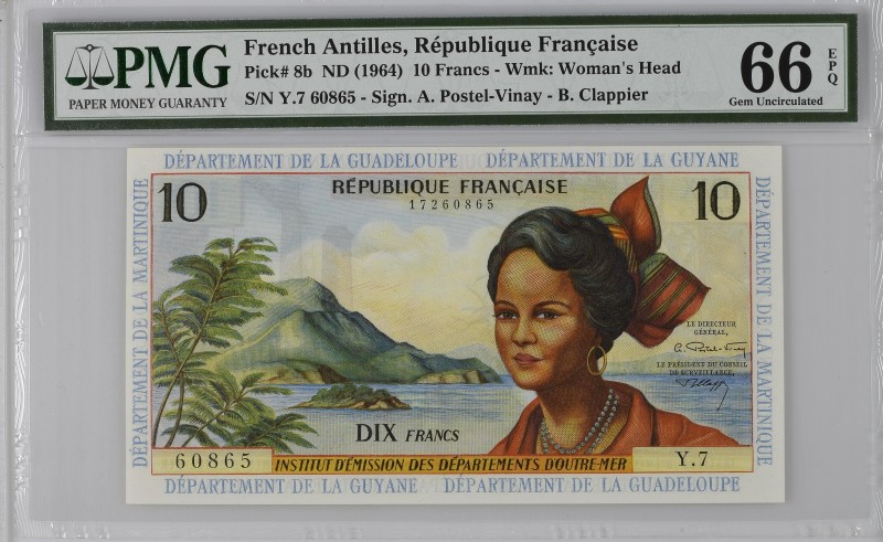 French Antilles, 10 francs Type 1964, P.8b, Y.7 60865, 1964,