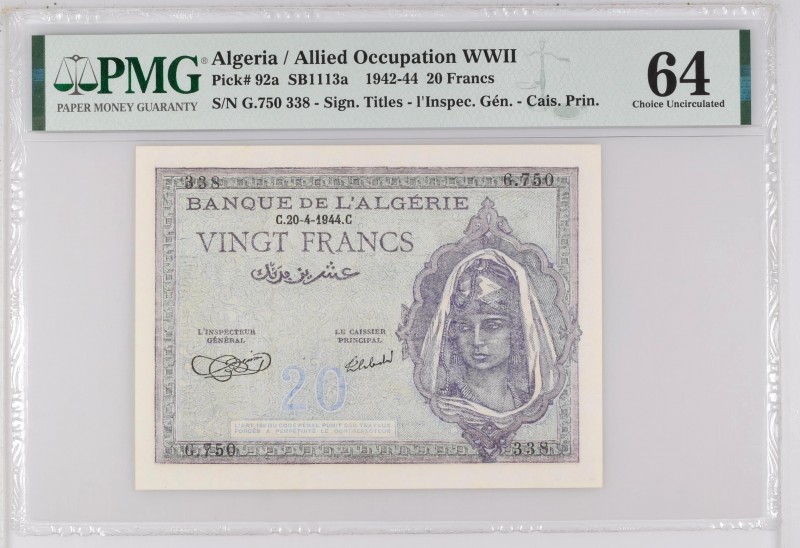 Algeria, 20 francs Type 1943, P.92a, #MK10a, #B135b, G.750 338, 1944,
