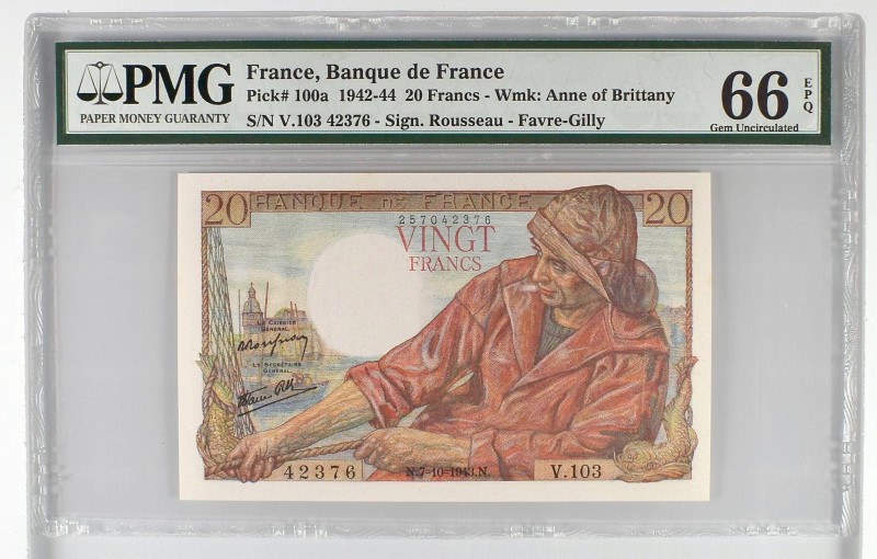 France, 20 francs Type 1942 Pêcheur, P.100a, V.103 42376, 7-10-1943,