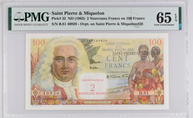 Saint-Pierre-and-Miquelon, 2 NF/100 francs La Bourdonnais Type 1960, P.32, #K624...