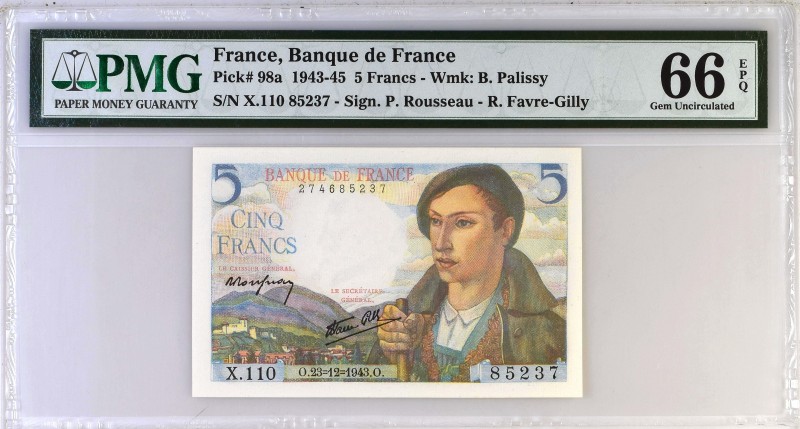 France, 5 francs Type 1943 Berger, P.98a, X.110 85237, 1943,