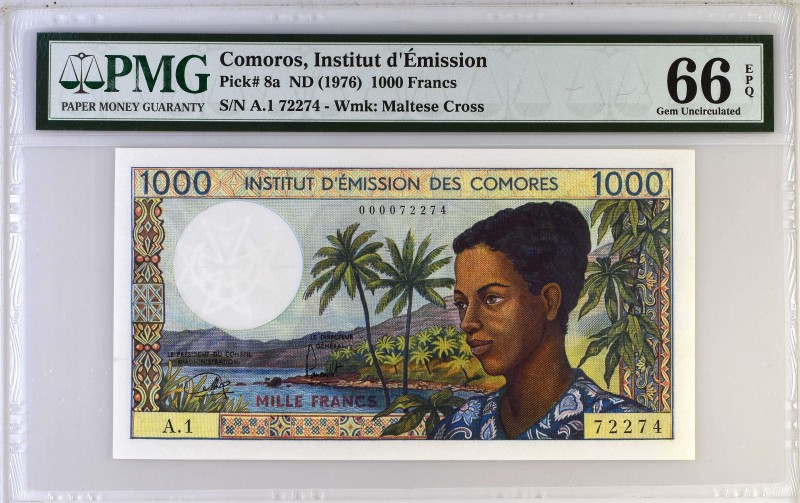 Comoros, 1000 francs Comores Type 1975, P.8a, #K916b, #B202a, A.1 72274, 1975, F...
