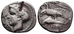 Paphlagonia, Sinope AR Drachm. Arte-, magistrate. Circa 410-350 BC. Head of nymph Sinope left, hair elaborately arranged and wear+E97ing sakkos / ΣΙΝΩ...