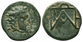 KINGS OF BOSPOROS. Polemo I (Circa 37-8 BC). Ae. Pantikapaion.
Obv: Winged head of Medusa right.
Rev: Monogram of Polemo.
MacDonald 229; HGC 7, 347.
V...