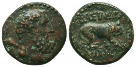 KINGS OF GALATIA. Amyntas (36-25 BC). Ae.
Obv: Bearded and bare head of Herakles right, with club over shoulder.
Rev: BAΣIΛEΩΣ / AMYNTOY.
Lion advanci...