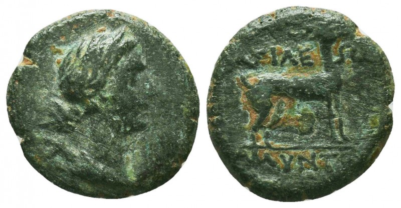 KINGS OF GALATIA. Amyntas, 39-25 BC. AE
Obv: Draped bust of Artemis to right wit...