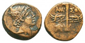 Amisos (BC 85-65) AE . Ca 85-65 BC. AE14 (2.50g). Head of Perseus right, wearing a winged Phrygian helmet / ΑΜΙ-ΣΟΥ, winged harpa; monogram to right. ...
