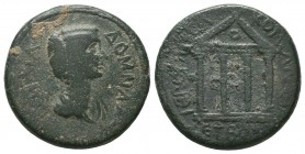 PONTUS, Neocaesarea. Julia Domna. Augusta, AD 193-217. Æ. Dated CY 146 (AD 209/10). Veiled and draped bust right / Flaming altar within tetrastyle tem...