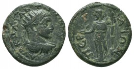 PAMPHYLIA, Perge. Elagabalus. AD 218-222. Æ. ΑΥ Κ Μ ΑΥ ΑΝΤΩΝΙΝΟϹ Ϲɛβ, radiate, draped and cuirassed bust of Elagabalus, r./ ΠƐΡΓΑΙΩΝ,Artemis standing ...