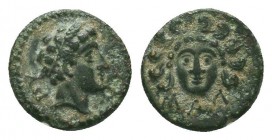 Greek Cilicia. Mallos circa 400-300 BC. Bronze Æ. Wreathed head of Pyramos right, ΠV to upper right / Illegible inscription, facing gorgoneion. nearly...