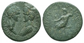 Domitian, with Domitia, Æ24 of Cibyra, Phrygia. AD 81-96. Klaudios Bias, archiereus ΔOMITIANOC KAICAP ΔOMITIA CЄBACTH, laureate head of Domitian and d...