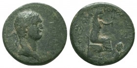 Roman Provincial Domitian (81-96). Cilicia, Flaviopolis-Flavias. Æ, year 17 (89/90). Laureate head r. R/ Tyche seated r., holding grain ears; at feet,...