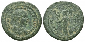 Macrinus, 217-218 for Diadumenianus. Æs, year 285 (= 217/218), Pug (Cilicia); Draped bust r.//Athena Nikephoros stands l. with lance and shield. SNG F...