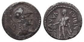 C. Vibius Varus. AR Denarius, Rome, 42 BC.
Obv. Helmeted head of Minerva to right, wearing aegis.
Rev. C·VIBIVS VARVS, Hercules standing facing, holdi...