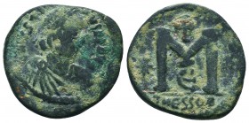 Justin I (518-527). Æ 40 Nummi. Thessalonica. Diademed and draped bust r. R/ Large M flanked by stars; cross above; A/[TH]ESSOB. MIBE 69; DOC 24; Sear...