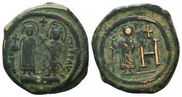 Maurice Tiberius, with Constantina and Theodosius. 582-602. Æ 8 Pentanummia – Follis. Cherson mint. Struck 584-602. Maurice and Constantina standing f...