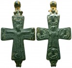 Very Important and Large Byzantine Bronze Reliquary Cross (Enkolpion), c. 10th-12th century AD. Christ upon the cross in relief, flanked by Mary and J...