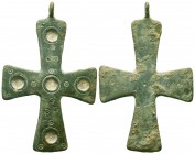 Very Important and Large Byzantine Bronze Cross, c. 7th-12th century AD. 
Condition: Very Fine

Weight: 43 gram
Diameter: 84,8 mm