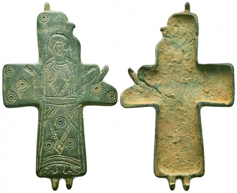 Very Important and Large Byzantine Bronze Reliquary Cross (Enkolpion), c. 10th-1...