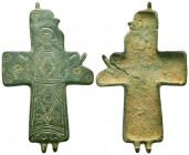 Very Important and Large Byzantine Bronze Reliquary Cross (Enkolpion), c. 10th-12th century AD. 
Condition: Very Fine

Weight: 44,1 gram
Diameter: 89,...