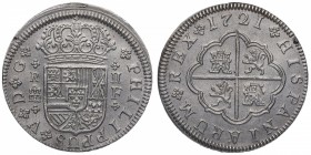 1721. Felipe V (1700-1746). Segovia. 2 reales. F. Ag. Bella. Brillo original. EBC+. Est.250.