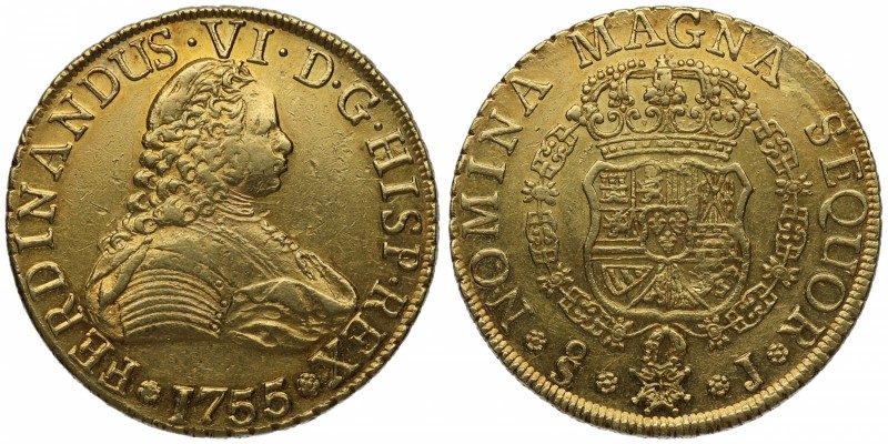 1755. Fernando VI (1746-1759). Santiago. 8 escudos. J. Au. Muy bella. Brillo ori...