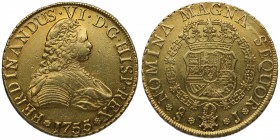 1755. Fernando VI (1746-1759). Santiago. 8 escudos. J. Au. Muy bella. Brillo original. EBC+. Est.3500.