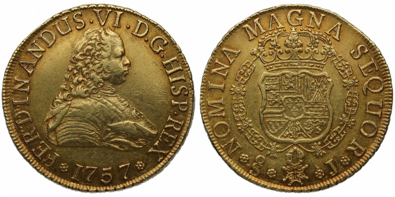 1757. Fernando VI (1746-1759). Santiago. 8 escudos. J. Au. Muy bella. Brillo ori...
