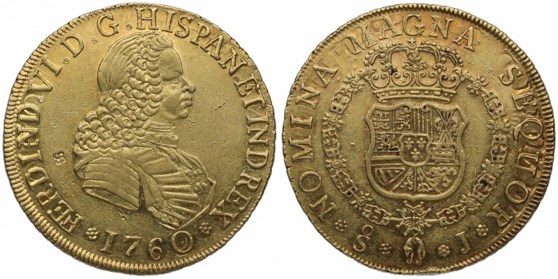 1760/9. Fernando VI (1746-1759). Santiago. 8 escudos. J. Au. Muy bella. Brillo o...