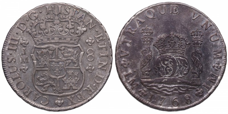 1768. Carlos III (1759-1788). Lima. 8 reales columnario. MJ. Ag. Bella. Preciosa...
