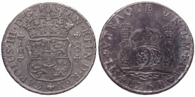 1768. Carlos III (1759-1788). Lima. 8 reales columnario. MJ. Ag. Bella. Preciosa pátina. ESCASA. SC-. Est.600.