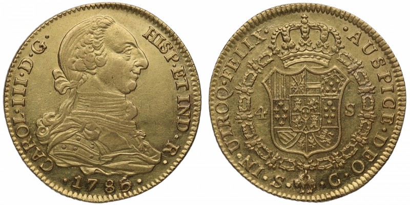 1785/6. Carlos III (1759-1788). Sevilla. 4 escudos. C. Au. Muy bella. Brillo ori...