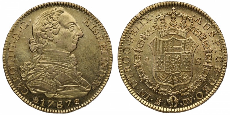 1787. Carlos III (1759-1788). Madrid. 4 escudos. DV. Au. Muy bella. Brillo origi...