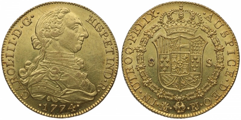 1774. Carlos III (1759-1788). Madrid. 8 escudos. PJ. Au. Muy bella. Brillo origi...