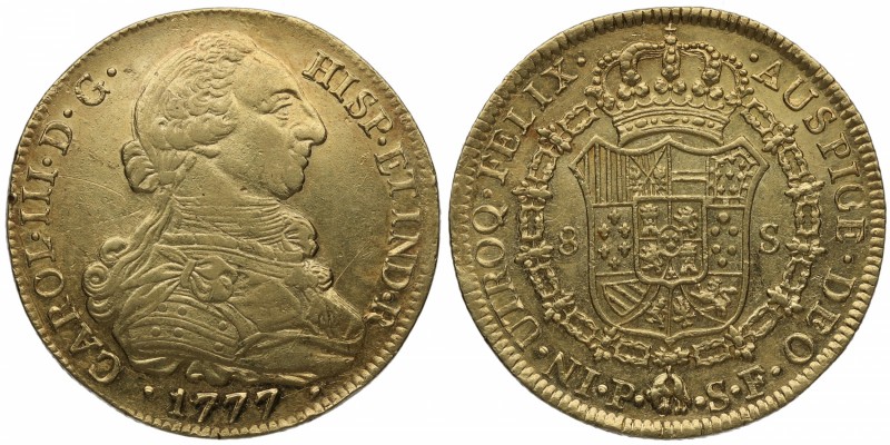 1777. Carlos III (1759-1788). Popayán. 8 escudos. SF. Au. Atractiva. Brillo orig...