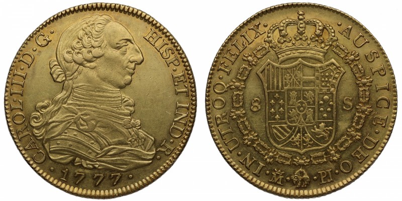 1777. Carlos III (1759-1788). Madrid. 8 escudos. PJ. Au. Rara así. Muy bella. Br...