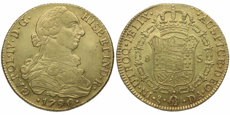 1790. Carlos IV (1788-1808). Santiago. 8 escudos. DA. Au. Atractiva. Rayas de aj...