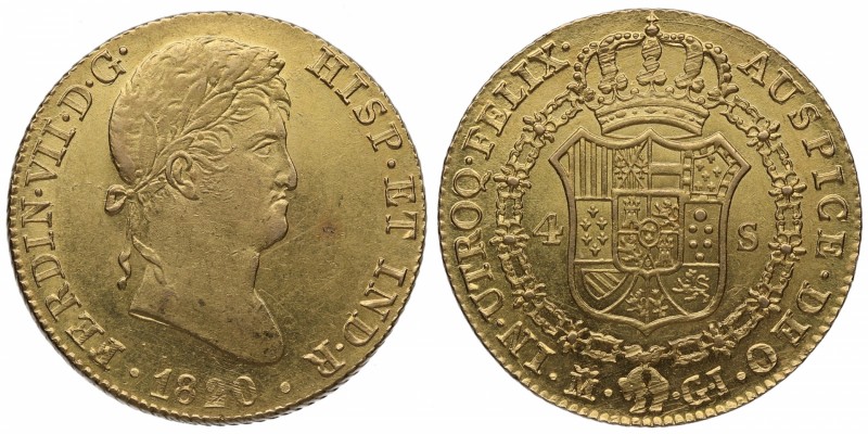 1820. Fernando VII (1808-1833). Madrid. 4 escudos. GJ. Au. Muy bella. Brillo ori...
