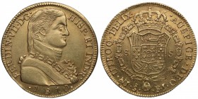 1810. Fernando VII (1808-1833). Santiago. 8 escudos. JF. A&C 910. Au. Atractiva. Hojita en reverso. Brillo original. EBC-. Est.1800.