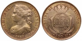 1857. Isabel II (1833-1868). Barcelona. 100 reales. Au. Bella. Brillo original. SC. Est.400.