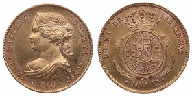 1860. Isabel II (1833-1868). Barcelona. 100 reales. Au. Muy bella. Brillo original. SC. Est.400.