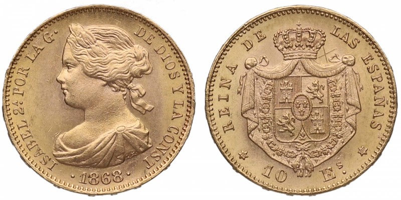 1868*68. Isabel II (1833-1868). Madrid. 10 escudos. Au. Muy bella. Brillo origin...