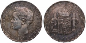 1897. Alfonso XIII (1886-1931). Manila. 1 peso. SGV. Ag. Preciosa pátina. Marquitas. EBC. Est.200.
