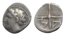 Gaul, Massalia, c. 218/5-200 BC. AR Obol (9mm, 0.61g, 5h). Bare head of Apollo l. R/ MA within wheel of four spokes. Depeyrot, Marseille 18; SNG Leipz...