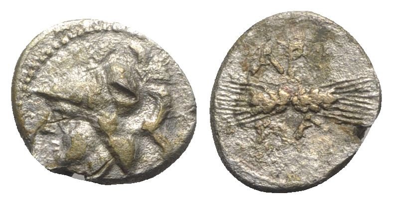 Northern Apulia, Arpi, c. 215-212 BC. AR Diobol (12mm, 1.26g, 1h). Head of Athen...