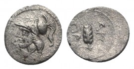 Northern Apulia, Arpi, c. 215-212 BC. AR Obol (10mm, 0.63g, 3h). Head of Athena l. wearing Corinthian helmet. R/ Barley-ear. HNItaly 648. Porous, VF